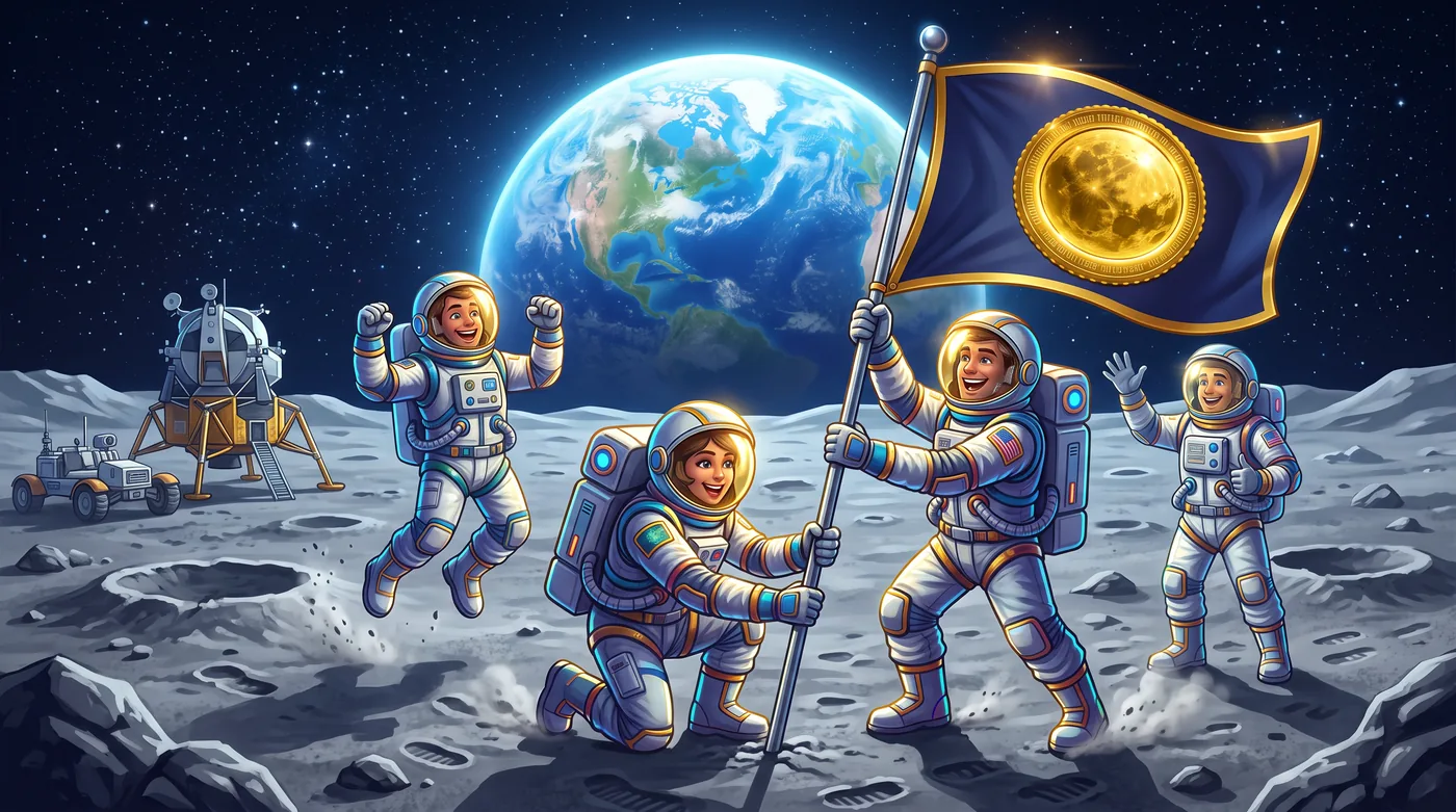 Astronauts planting a Mooncoin flag on the moon
