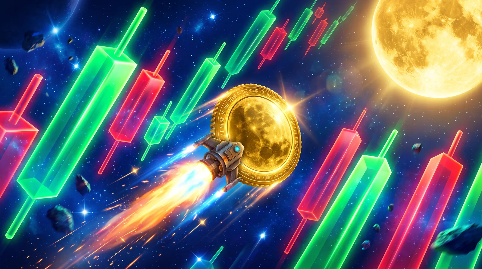 The gold Mooncoin rocketing past candlestick charts toward the moon