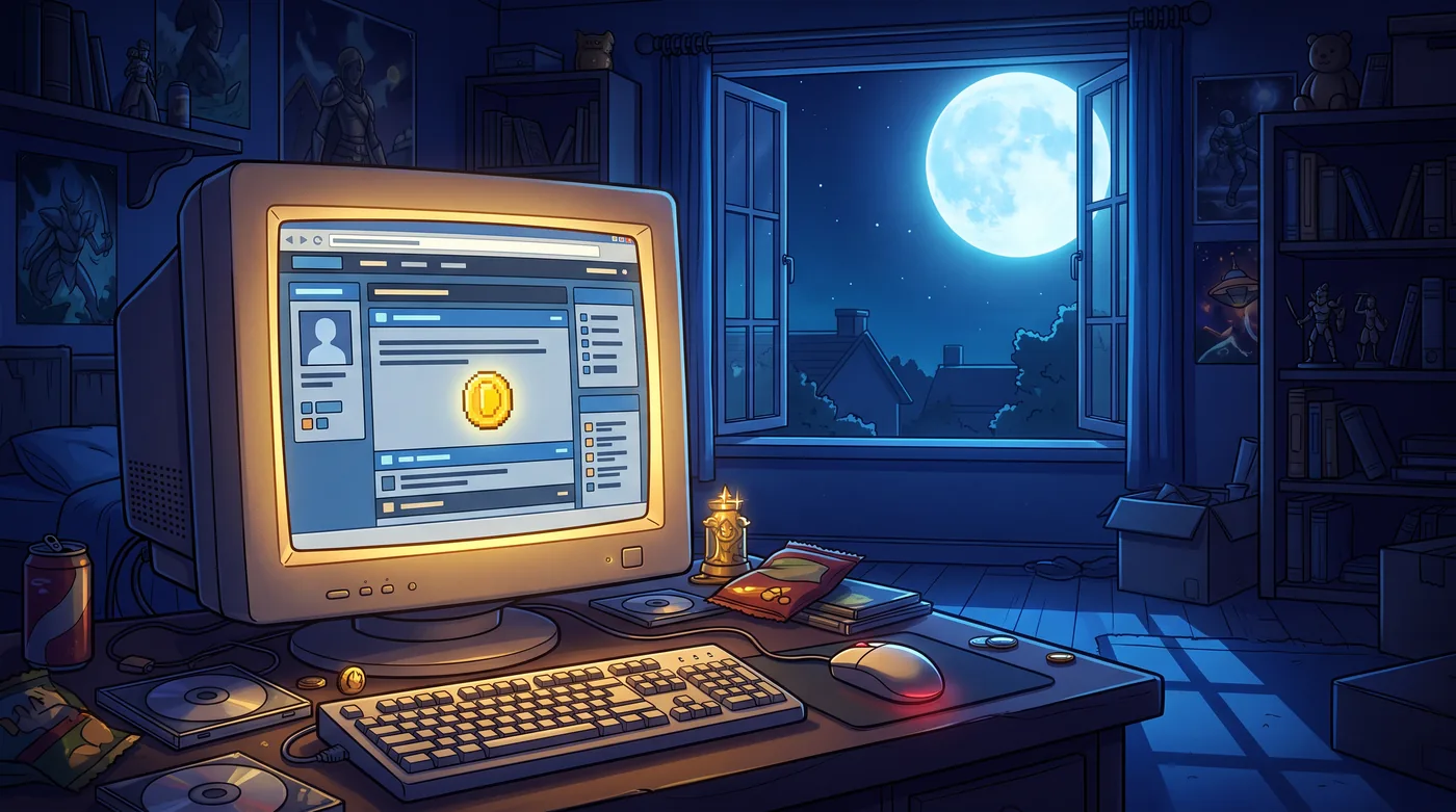 A 2013-era computer glowing under a full moon